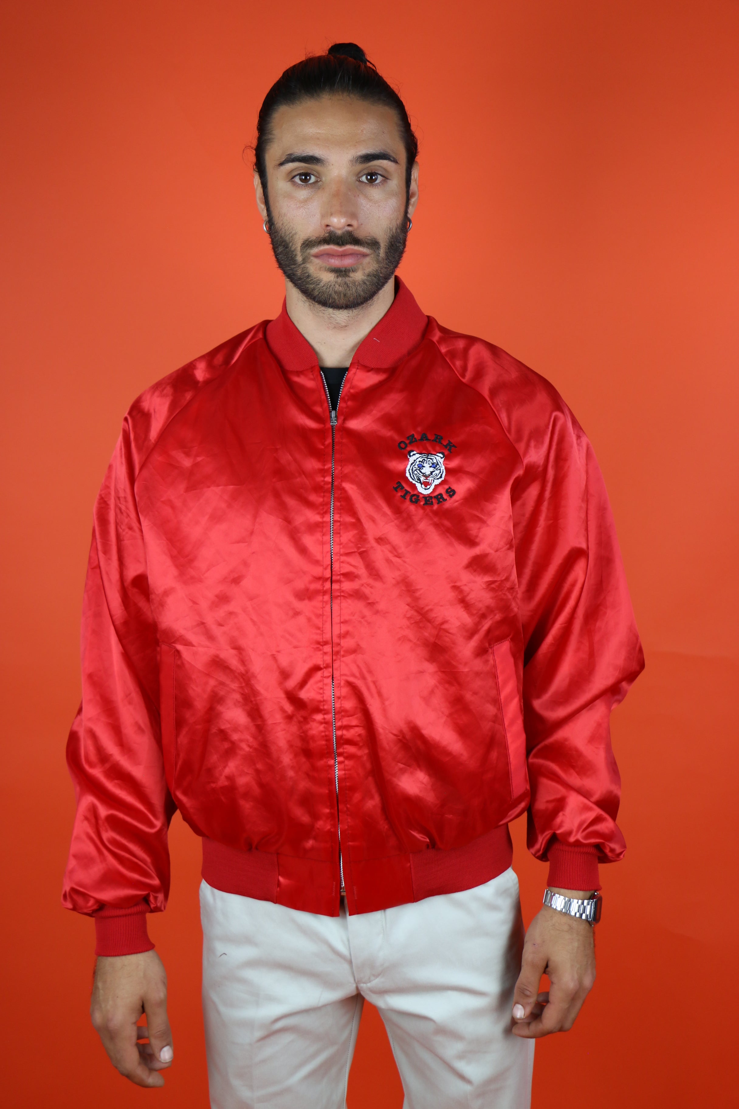 Satin red sales bomber jacket